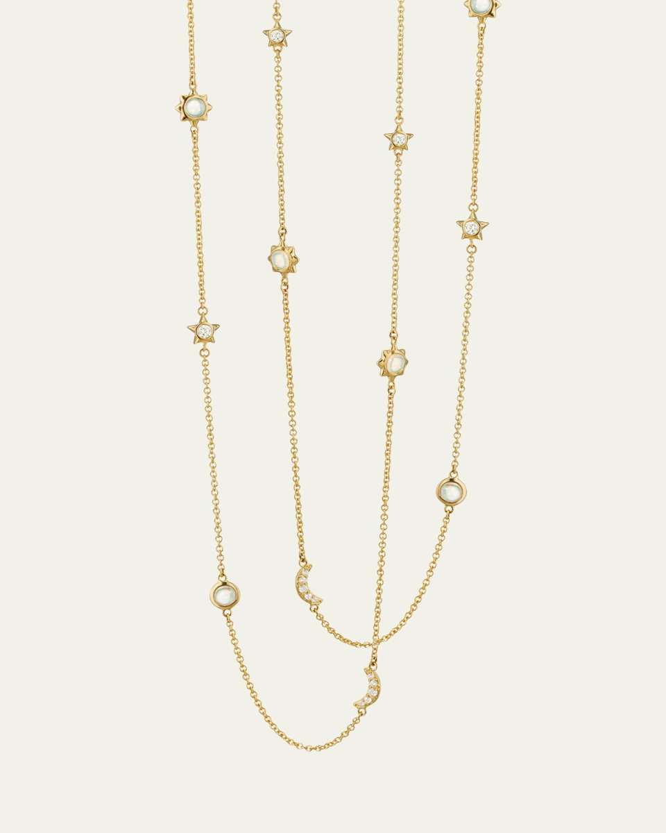 Sun, Moon and Stars 47" Diamond and Opal Gold Chain Necklace